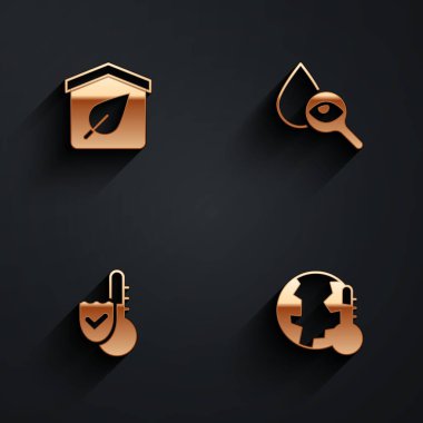 Çevre dostu ev, düşür ve büyüteç, termometre ve Dünya 'yı uzun gölgeli küresel ısınma ikonu haline getir. Vektör