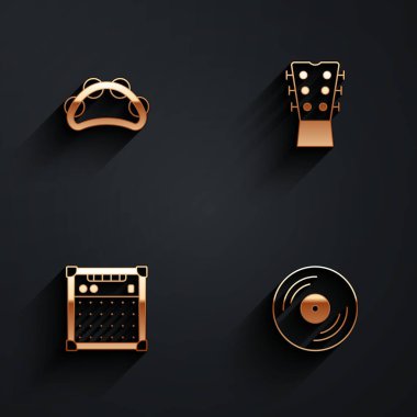 Tef, Guitar neck, amplifikatör ve uzun gölgeli vinil disk simgesini ayarla. Vektör