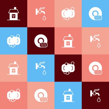 Pop Sanat Evi, Su Musluğu, Sabun ve Bulaşık İkonu 'nu hazırla. Vektör