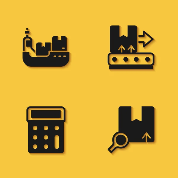 Set Frachtschiff mit Kisten Lieferung, Suchpaket, Taschenrechner und Förderband-Symbol mit langem Schatten. Vektor — Stockvektor