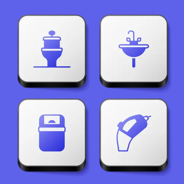 Set inodoro, lavabo, bote de basura e icono de aspiradora portátil. Botón cuadrado blanco. Vector — Archivo Imágenes Vectoriales