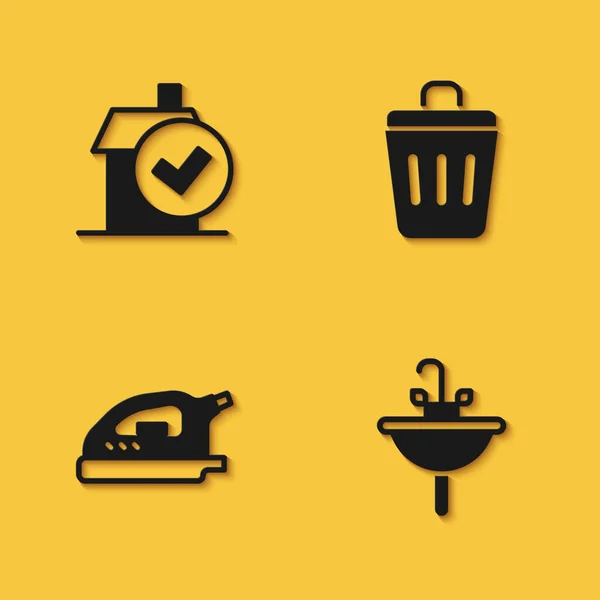 Set Servicio de limpieza para el hogar, Lavabo, Plancha eléctrica y Papelera icono lata con sombra larga. Vector — Archivo Imágenes Vectoriales