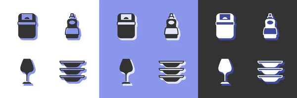 Geschirr, Mülleimer, Weinglas und Spülmittel-Flaschen-Symbol. Vektor — Stockvektor