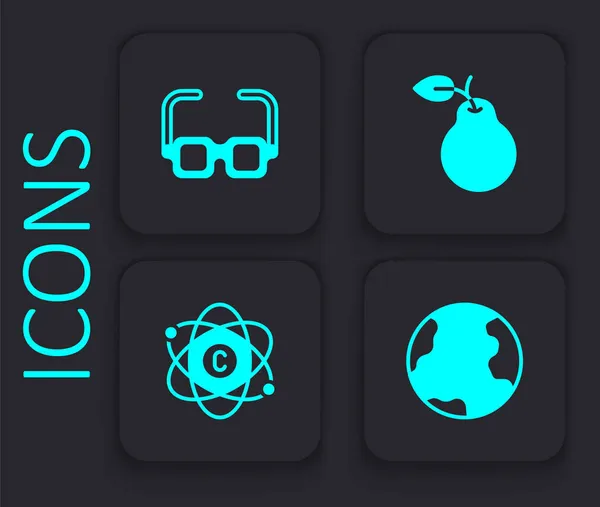 Set Earth globe, Glasses, Pear and Atom icon. Black square button. Vector — Stock Vector