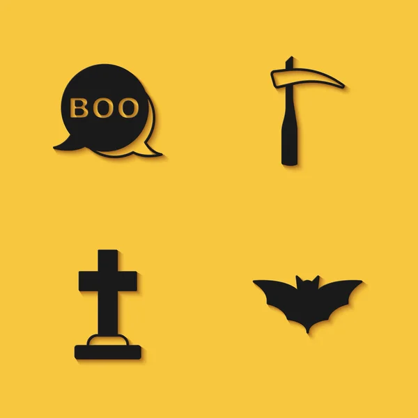 Set Boo speech bubble, Flying bat, Tombstone with cross and Scythe icon with long shadow. Vector — Stock Vector