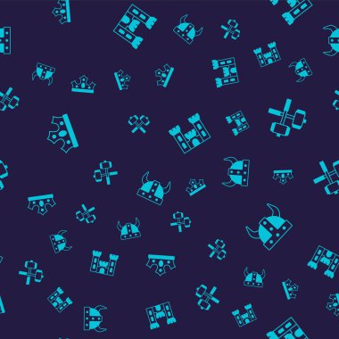 Kral tacı, çapraz savaş çekiçleri, Kale ve Viking boynuzlu miğferi kusursuz desenli. Vektör