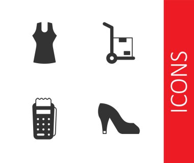 Set Kadını Ayakkabı, Elbise, Posta Terminali ve El Kamyonu ve Kutu Simgesi. Vektör