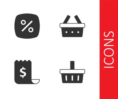 Alış veriş sepeti, indirimli yüzde etiketi, kağıt çeki ve mali kontrol ve simgesi. Vektör