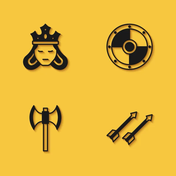 Set Princess or queen, Medieval arrows, poleaxe and Round shield icon with long shadow. Vector — Stock Vector