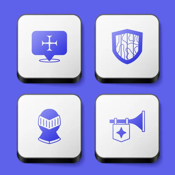 Set Croisade, Bouclier, Casque médiéval et Trompette avec icône drapeau. Bouton carré blanc. Vecteur — Image vectorielle