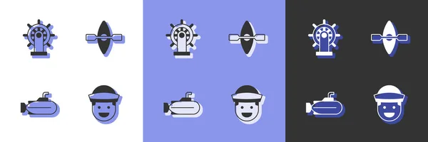 세트 세일 로 (Set Sailor), 배 조종 바퀴 (Ship steering wheel), 서브 마린 (Submarine), 케이 잭 (Kayak) 그리고 패들 아이콘 (paddle icon). Vector — 스톡 벡터