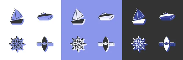 Set Kayak and paddle, Yacht sailboat, Ship steering wheel and Speedboat icon. Vector — Stock Vector