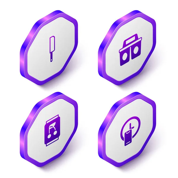 Set Isometric Knife, Coffee cup to go, Soda can and Round the clock delivery icon. Purple hexagon button. Vector — Stock Vector