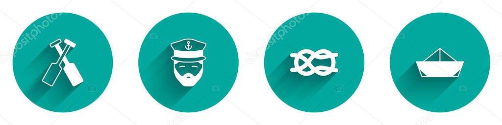 Set Crossed oars or paddles boat, Captain of ship, Nautical rope knots and Folded paper icon with long shadow. Vector
