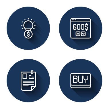 Hat ampulünü dolarla, monitörle, özetle ve satın al düğmesini uzun gölgeli ayarla. Mavi daire düğmesi. Vektör