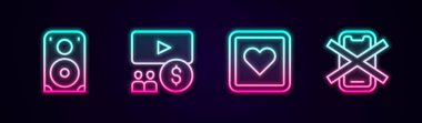 Stereo hoparlörünü ayarla, ekranlı sinema salonu, kalp gibi ve cep telefonu yok. Parlayan neon ikonu. Vektör