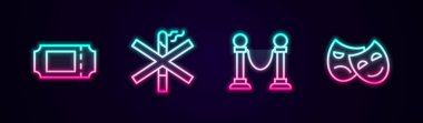 Sinema bileti, sigara yok, ip engeli, komedi ve trajedi maskeleri. Parlayan neon ikonu. Vektör