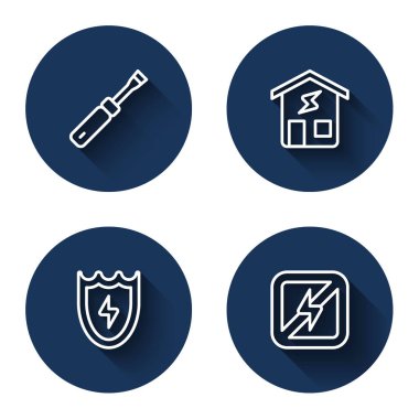 Sıralı tornavida, akıllı ev, yıldırım ve kalkan ve uzun gölgeli yıldırım yok. Mavi daire düğmesi. Vektör