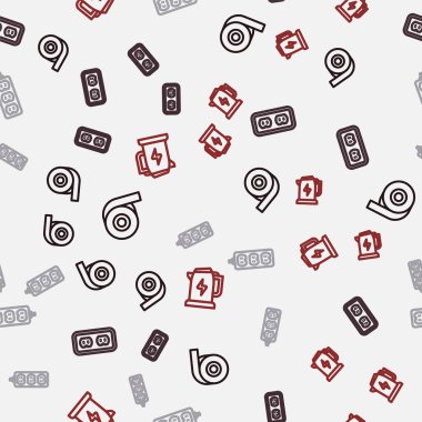 Hat rulo yapıştırıcı bant, elektrik prizi, uzatma ve su ısıtıcısını kusursuz desene ayarlayın. Vektör