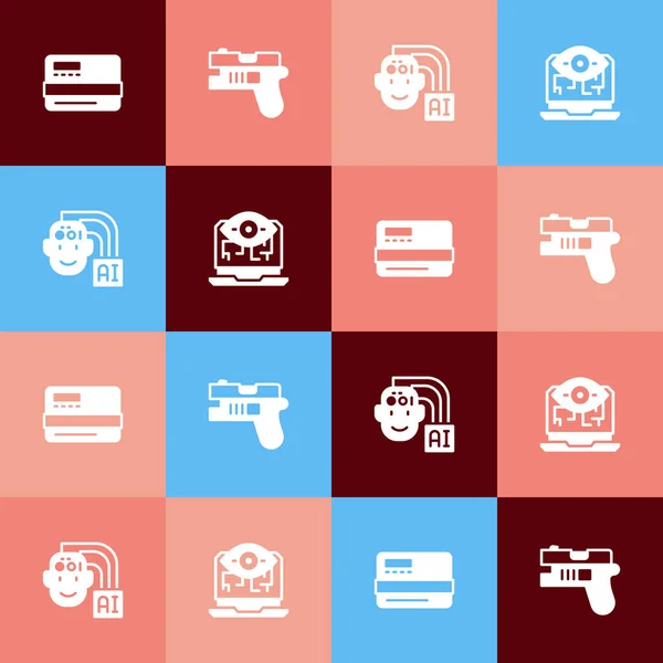 Set pop art Tarjeta de crédito, Arma futurista, Robot humanoide e Icono de visión por ordenador. Vector — Archivo Imágenes Vectoriales