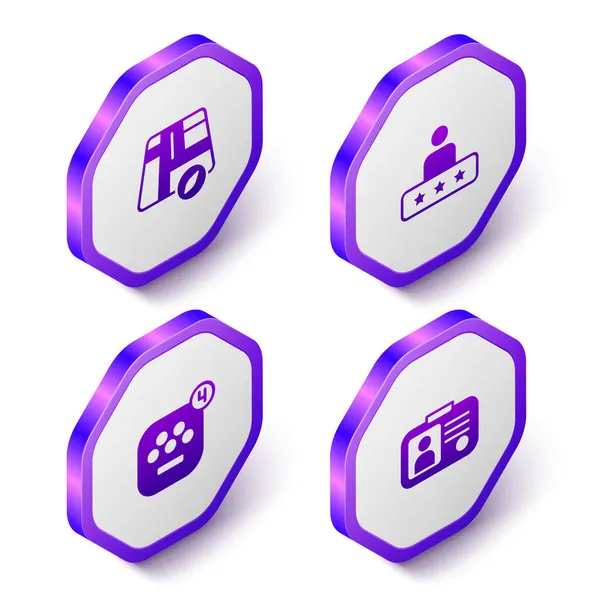 Set Isometric Location taxi car, Taxi service rating, mobile app and driver license icon. Purple hexagon button. Vector — Stock Vector