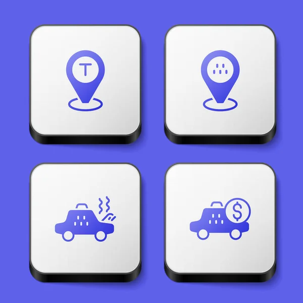 Establecer ubicación coche taxi, Roto y Taximeter icono del dispositivo. Botón cuadrado blanco. Vector — Vector de stock