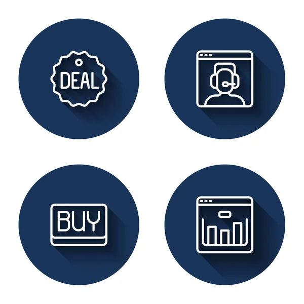 Definir linha Deal, Telefone 24 horas de suporte, Comprar botão e navegador com mercado de ações com sombra longa. Botão de círculo azul. Vetor — Vetor de Stock