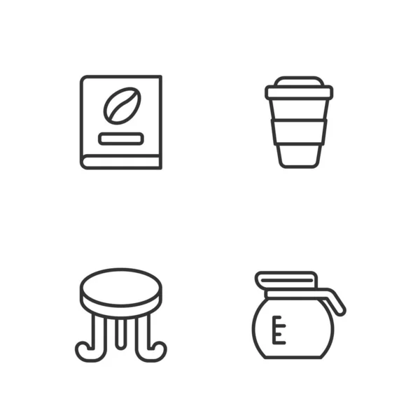 Définir la ligne Cafetière, table, livre et tasse pour aller icône. Vecteur — Image vectorielle