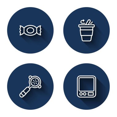 Sıra Candy, kahve fincanı, filtre tutacağı ve uzun gölgeli elektronik kahve terazisi. Mavi daire düğmesi. Vektör