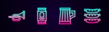Çizgi Trumpet, bira kutusu, tahta bira kupası ve sosis. Parlayan neon ikonu. Vektör