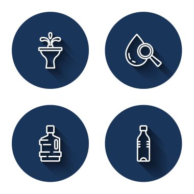 Çeşme, damla ve büyüteç, temiz suyla dolu büyük bir şişe ve uzun gölgeli bir şişe. Mavi daire düğmesi. Vektör