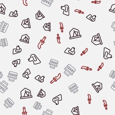 Avcı köpeği, turist çadırı, mühimmat kutusu ve avcı bıçağını kusursuz bir şekilde yerleştirin. Vektör