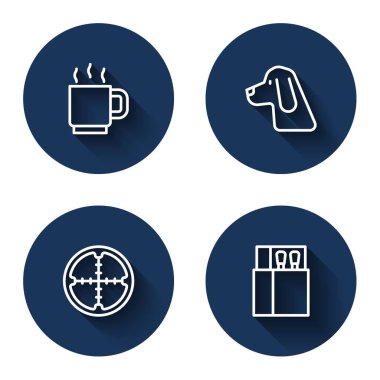 Sıralı kahve fincanı, av köpeği, keskin nişancı optik görüşü, kibrit kutusu ve uzun gölgeli kibritler. Mavi daire düğmesi. Vektör