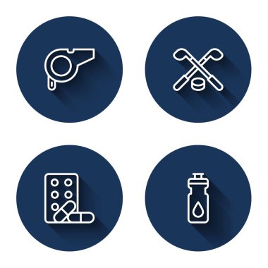 Islık çal, buz hokeyi sopaları ve puck, uzun gölgeli halterli spor doping. Mavi daire düğmesi. Vektör