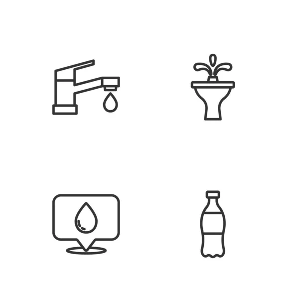 Ustaw linię Butelka wody, kropla wody z lokalizacji, kranu i ikona Fontanna. Wektor — Wektor stockowy