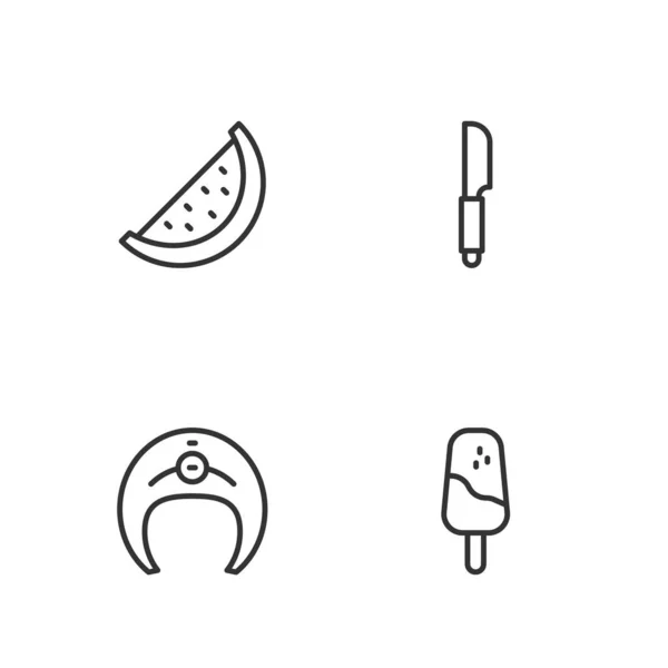Linea Set Gelato, bistecca di pesce, anguria e icona del coltello. Vettore — Vettoriale Stock