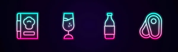 Set lijn Kookboek, Wijnglas, Fles wijn en steak vlees. Een gloeiend neon icoon. Vector — Stockvector