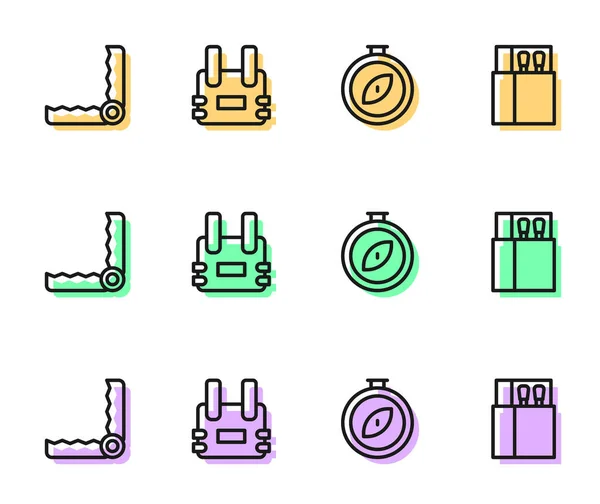 Set line Compass, Trap hunting, Bulletproof vest and Open matchbox 및 match icon. Vector — 스톡 벡터