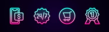 Mobil alışveriş hattı, 24 saat saat saat, alışveriş arabası ve madalya. Parlayan neon ikonu. Vektör