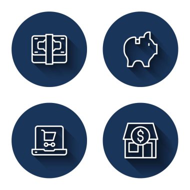 Hat Stacks kağıt para, kumbara, alışveriş arabası dizüstü bilgisayar ve uzun gölgeli market. Mavi daire düğmesi. Vektör