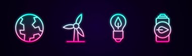 Yerküre çizgisi, rüzgar türbini, yapraklı ampul ve eko doğa bataryası. Parlayan neon ikonu. Vektör
