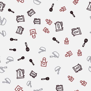 Hattı ayarla mutfak çırpıcısı, elektrikli çaydanlık, kase ve önlükle kusursuz desenli pişirme. Vektör