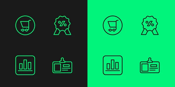 Imposta il distintivo di identificazione della linea, l'infografica del grafico a torta, il carrello della spesa e l'icona del tag Sconto per cento. Vettore — Vettoriale Stock