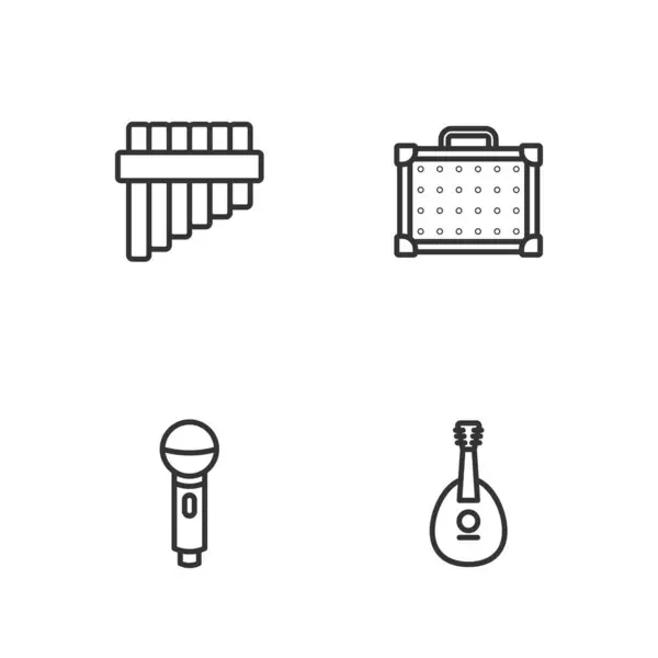 Set Line Mandoline, Mikrofon, Panflöte und Gitarrenverstärker-Symbol. Vektor — Stockvektor