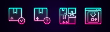 Karton karton kutu, kutularla dolu depo ve çevrimiçi uygulama teslimat takibini ayarla. Parlayan neon ikonu. Vektör