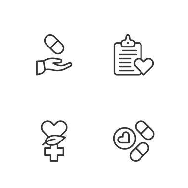 İlaç hapı ya da tablet, etnosbilim, reçete ve hasta kayıt ikonunu ayarla. Vektör