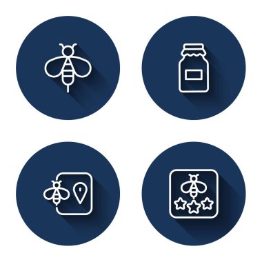 Hattı ayarla. Arı, bal kavanozu, konum ve uzun gölgeli arı tipi. Mavi daire düğmesi. Vektör