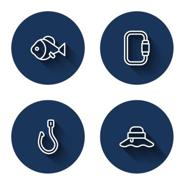 Balık, Karabina, olta ve uzun gölgeli balıkçı şapkası. Mavi daire düğmesi. Vektör