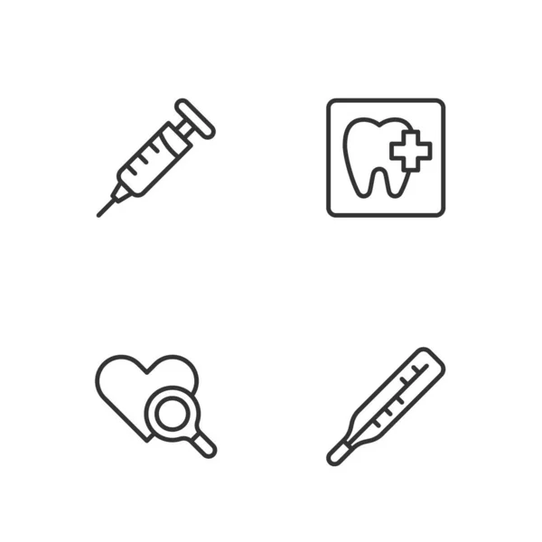 Establecer línea Termómetro médico, inspección del corazón, jeringa y clínica dental icono de ubicación. Vector — Vector de stock