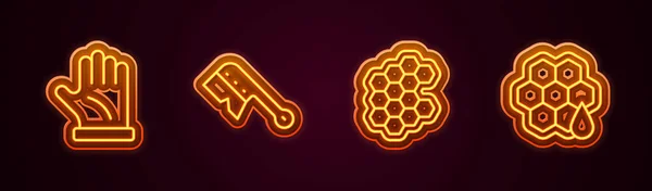 Set baris sarung tangan Beekeeper, sikat Beekeeping, Honeycomb dan. Glowing ikon neon. Vektor - Stok Vektor